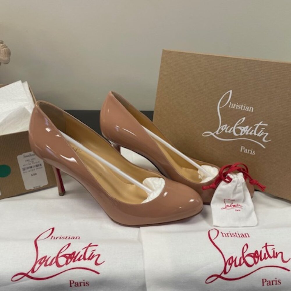 Christian Louboutin Dolly Patent Leather Pump Sz 38.5 Blush 85 mm heel